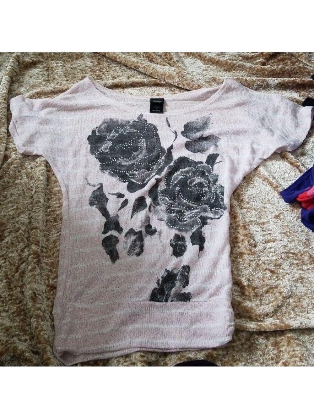 Pink White Striped Floral Sweater